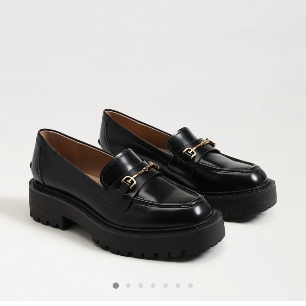 Sam Edelman Black Leather Lug Sole Loafers with Gold Hardware - Picture 2 of 5